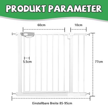 Захист для сходів SUBTLETY без свердління: сітка для дітей, собак, 85-95 см, ABS-пластик, сталь, автоматичне вимкнення, білий