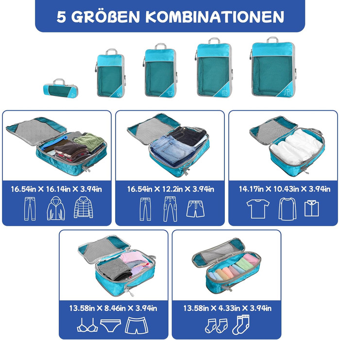 Набір компресійних органайзерів для подорожей 5 шт. (синій) - Куби для валіз, рюкзаків, легкі сумки для зберігання