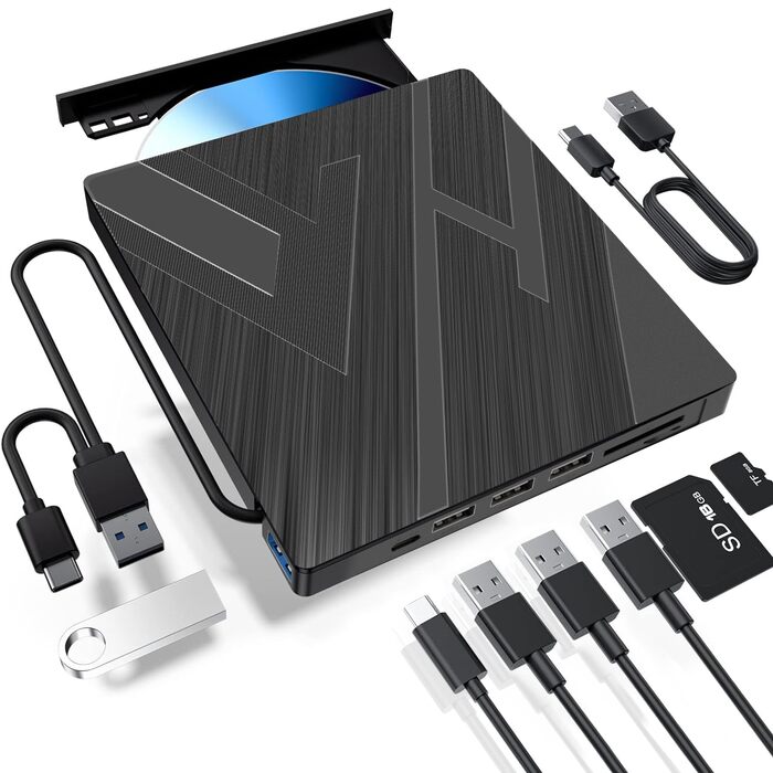 Зовнішній CD/DVD привід varkda USB 3.0 та USB-C, портативний оптичний накопичувач та записувач для ноутбука, ПК, Mac, Windows, Linux (8 в 1, чорний)
