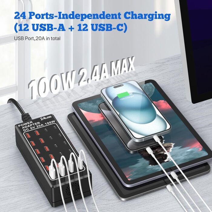 Зарядний пристрій USB-C на 24 порти 100W/20A, настільна USB-станція для iPhone, Samsung, Google, планшетів та ін.