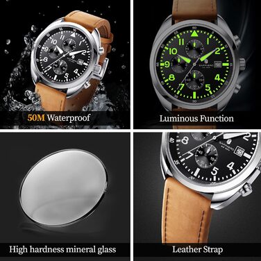 Чоловічий годинник SAPPHERO: кварцовий, аналоговий, з шкіряним ремінцем. Класичний бізнес-годинник, водостійкий (50 м), з арабськими цифрами, хронограф, стильний годинник для повсякденного носіння (срібний, чорно-коричневий ремінець, модель 2215)