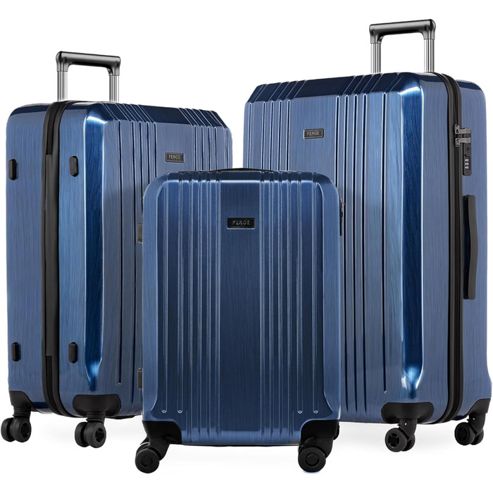 Набір валіз FERGÉ 3 шт. з жорстким корпусом та TSA-замком, Cannes. Валізи-троліки (ручна поклажа, L, XL). Жорсткий корпус, 4 колеса, міцний полікарбонат (3 шт., синій металік)