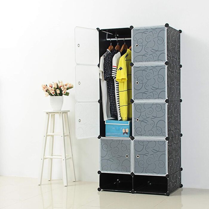 DIY Shoe Cabinet Shoe Shelf, Shelf System Shoe Storage Shelves for Clothes, Shoes, Toys, and Books 111cm x 37cm x 147cm (Black with Door) (8 Boxes)