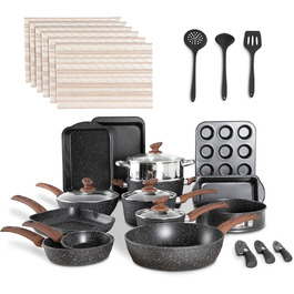 Kitchen Academy 30-Piece Induction Cookware Set with Glass Lids and Granit Coating, including Frying Pans and Pots (Black)