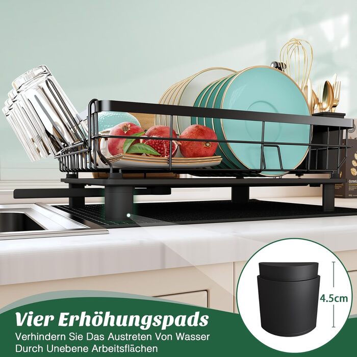 Сушарка для посуду MAJALiS з піддоном та килимком, 2-рівнева, з тримачем для столових приборів, поворотним виливом, чорна