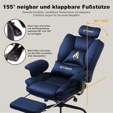 Ігровий крісло Symino, ергономічний офісний крісло з підніжкою, штучна замша, 130 кг, темно-синій