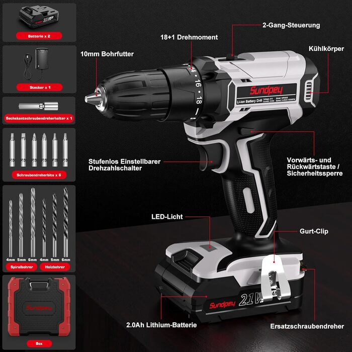 Акумуляторний шуруповерт Sundpey Set: 2 акумулятори 2.0Ah, 21V, 1500 об/хв, 45Nm, 18+1 режим, LED, 10мм патрон - для ремонту та DIY