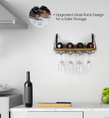 Стильна полиця для вина Jackcube MK478A з дерева в рустикальному стилі, настінна, з 4 металевими тримачами для келихів, декор для кухні, органайзер для зберігання