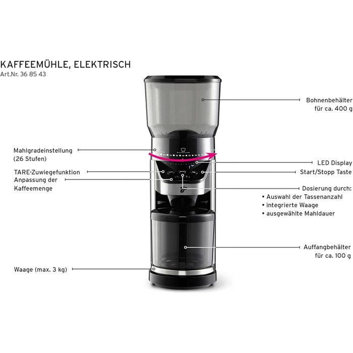 Електрична кавомолка Tchibo з вбудованими вагами, з нержавіючої сталі, конічні жорна, 26 ступенів помолу, чорно-срібна