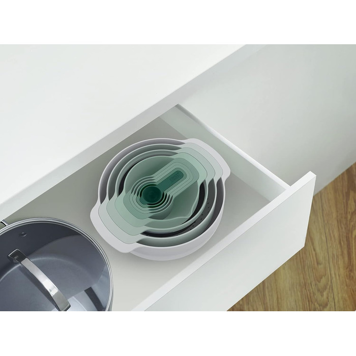 Joseph Joseph Nest 9 Plus, 9-piece compact food preparation set with mixing bowls, measuring cups, colander and sieve, Editions Range, Sage Green, Green