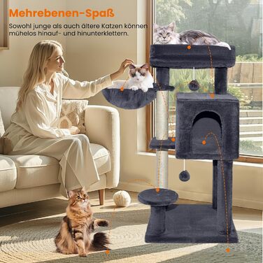 Драбина-кіготь для котів великих порід, кіготь-будинок з сизалю, платформа, м'ячики та щітка, 95 см, темно-сірий