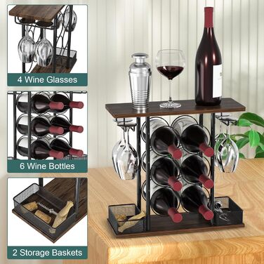 VyGrow Wine Rack with 3 Tiers, Wood and Metal, Easy to Assemble, for 6 Bottles and 4 Glasses at Home, 16 x 41 x 40.2 cm