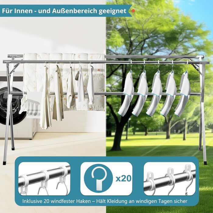 Стійка для сушіння білизни JAUREE 160 см, розкладна, з нержавіючої сталі, для дому та вулиці, велика, зі 20 гачками