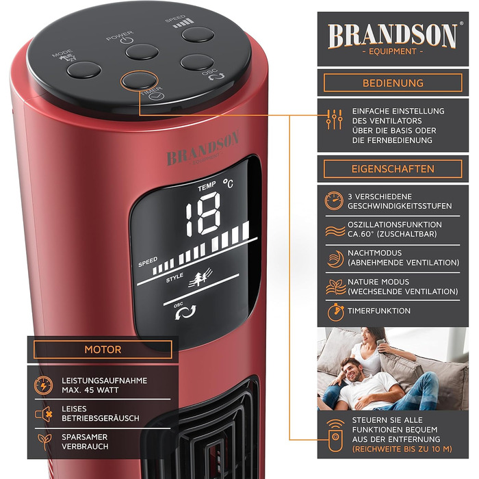 Турбовентилятор Brandson з пультом керування, 96 см, 45W, 3 швидкості, блакитний (F: Рубіново-червоний)