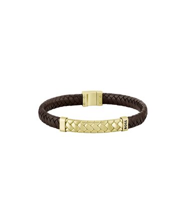 Браслет чоловічий BOSS TAILORED зі шкіри (коричневий та золотий)