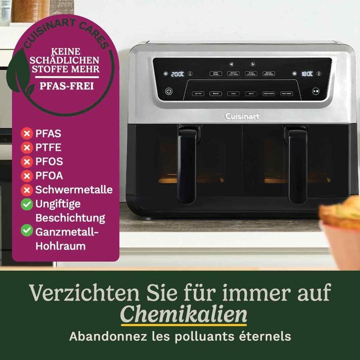 Фритюрниця Cuisinart XXL 10.4L з двома зонами нагріву | Без PFAS та хімікатів | Для смаження, грилю, випікання, дегідратації та підтримання тепла | 2 камери (2 x 5.2L) | 8+ порцій | Деталі придатні для миття в посудомийній машині (2 камери / 10.4L, нержав