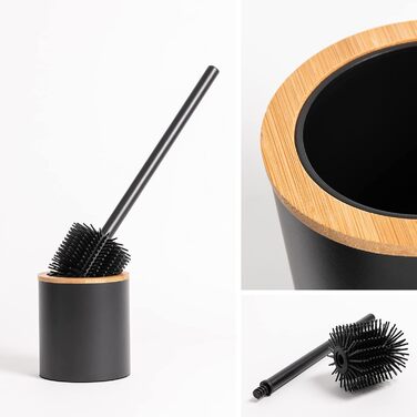 Торгова щітка для унітазу з тримачем з дерева | Силіконова щітка для унітазу з нержавіючої сталі | Тримач для щітки з натурального бамбука | Настільна щітка для ванної кімнати | Чорний колір