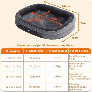 Ортопедичне ліжко для собак, диван для собак з валиком для шиї, кошик для собак з антиковзким дном, знімний та пральний, середні та великі породи, 106 x 79 x 17 см, темно-сірий