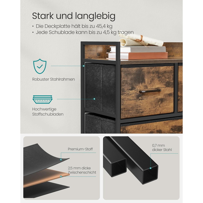 SONGMICS Chest of Drawers, Cabinet, 7 Fabric Drawers with Handles, Metal Frame, Industrial Design, Vintage Brown + Ink Black LTS137B01 (Vintage Brown + Ink Black, 29W x 98.2D x 70H cm)