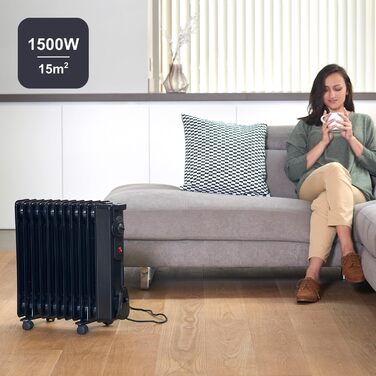 Масляний радіатор BLACK+DECKER BXRA1500E, 1500 Вт, 2 режими нагріву, регулювання потужності, чорний колір