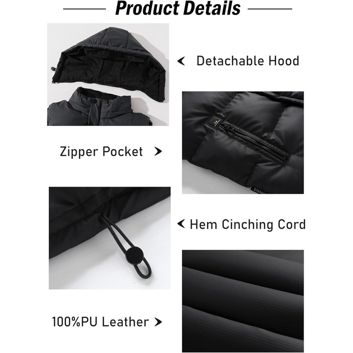 Чоловіча зимова жилетка AIEOE з PU шкіри, без рукавів, водонепроникна, з капюшоном, тепла, з утеплювачем, чорна