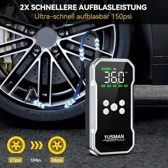 Powerbank Starthilfe F03: Портативний стартер для авто з компресором та повітряним насосом | 6000A, 7L, 150PSI, LCD, LED