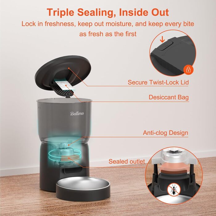 Автоматичний кормушка для котів Balimo 3L з Wi-Fi, програмування, для собак та котів, чорний