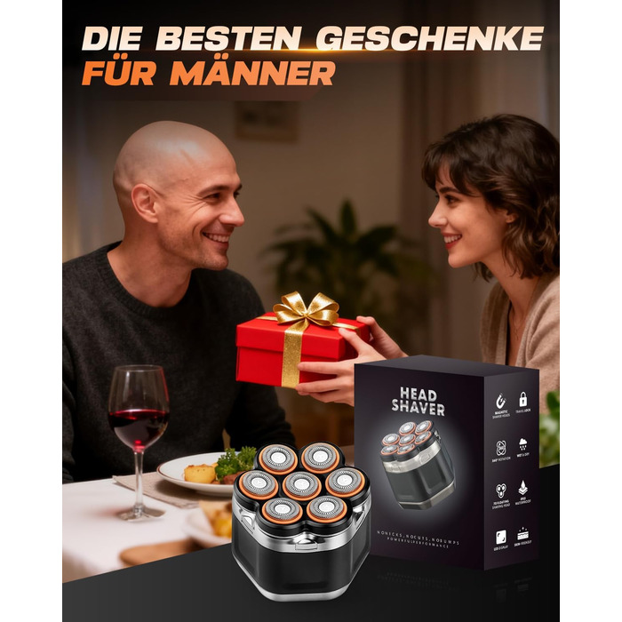 Електрична бритва для голови Glatzenrasierer Herren 7D з LED дисплеєм, водонепроникна (IPX5), чорна