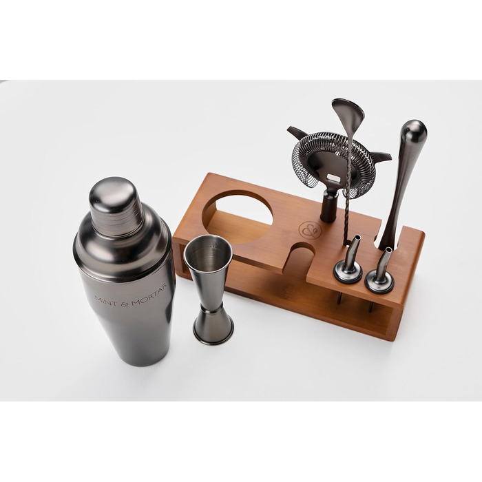 Набір для приготування коктейлів Mint&Mortar 7 шт. з бамбуковим підставкою, нержавіюча сталь, барменський набір з інструментами для дому та професійного використання, 680 мл, Mixer (Gunmetal Black)