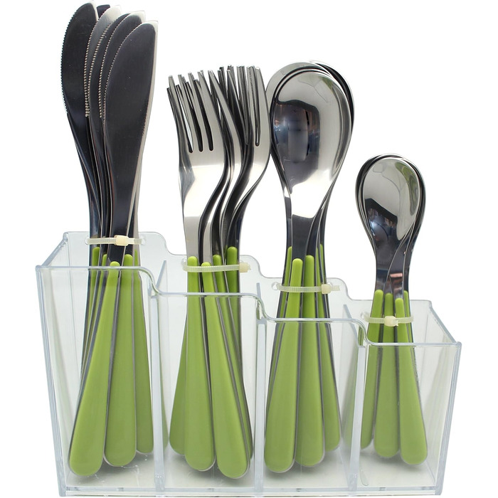 EXZACT Cutlery Set with Stand / 24 PCS Stainless Steel Cutlery Set in a Plastic Holder - Colored Handles - 6 x Forks, 6 x Knives, 6 x Spoons, 6 x Teaspoons - Green (EX153 x 24)