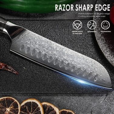 Японський ніж Santoku Kyushublade з дамаської сталі (67 шарів), з унікальною ручкою з карбону та золота, професійний кухонний ніж