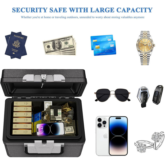 WASJOYE Portable Fireproof Safe Box with Key Lock - Home, Office, Car, Travel Security Box (6.8L, 16.8 x 32.4 x 39 cm)