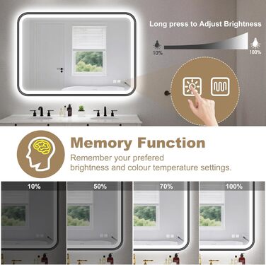 Дзеркало для ванної кімнати S'bagno з підсвічуванням 100x70 см, з алюмінієвою рамою, антизапарююче, 3000-6500K, функція пам'яті, IP44, горизонтальне/вертикальне, чорний колір, M99 (без Bluetooth)