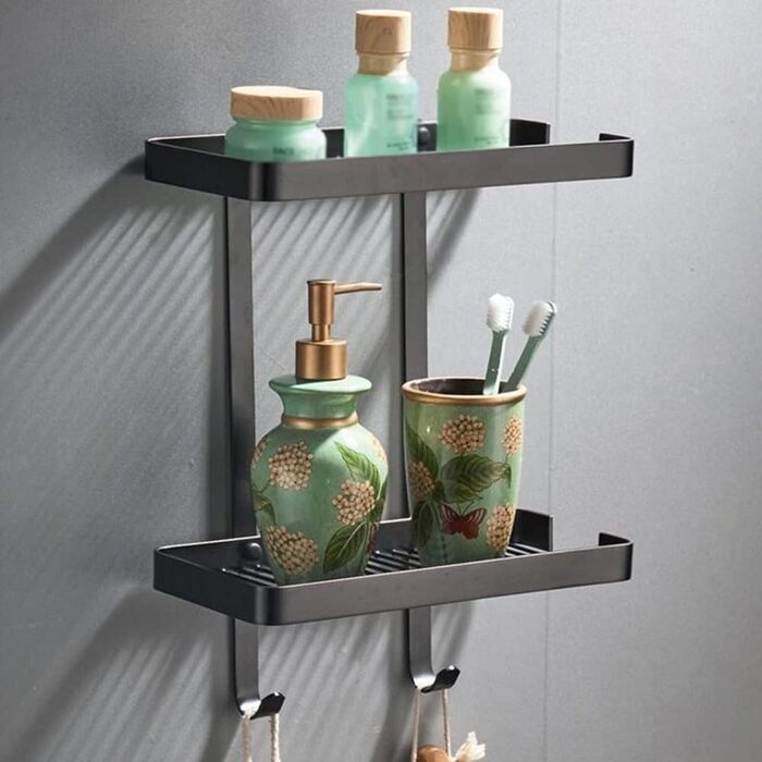 Wall-Mounted Eck-Dusch-Caddy, Bathroom Shelf, Organizer with Soap Dish and Hooks, Rust-Proof Brass, Storage Shelf for Shampoo and Spice Bottles, Drip Basket, Kitchen Shelves, Black