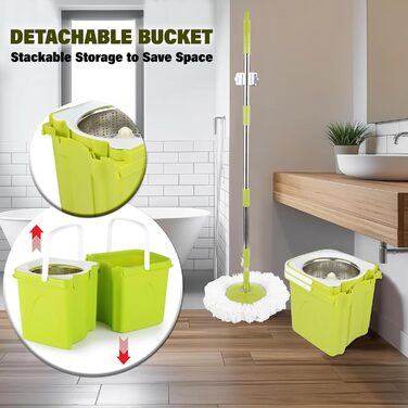 Набір для миття підлоги ARSUK з відром та механічним віджимом – набір для прибирання будинку | Відро для миття підлоги з мікрофіброю та 360° обертанням – ідеально для паркету, плитки та ламінату | 4 змінні насадки та утримувач для швабри з ароматом лимона