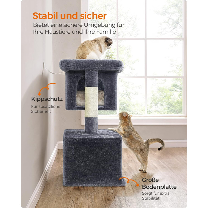 Feandrea Cat Tree, 84 cm Cat Tree, L, Cat House for Large Cats up to 7 kg, Large Platform, 2 Cat Caves, Sisal Posts, PCT61W (XL (68 x 48 x 101 cm), Smoke Gray)