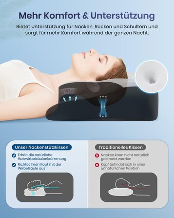 Подушка для шиї DONAMA для сну, ергономічна подушка для тих, хто спить на боці, спині та животі з знімним та пральним чохлом (Чорно-біла, 66x37x13 см)