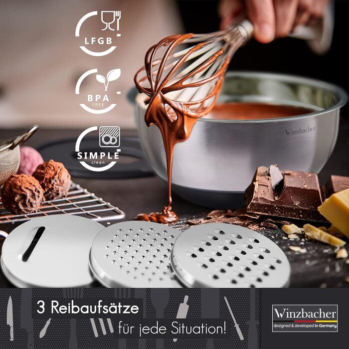 Stainless Steel Bowl Set with Lids [Set of 5] 1L + 1.5L + 2.5L + 3.5L + 4.5L | Mixing Bowls, Salad Bowls, Bowl Set | Non-slip | Stackable | Dishwasher Safe | Includes Grater