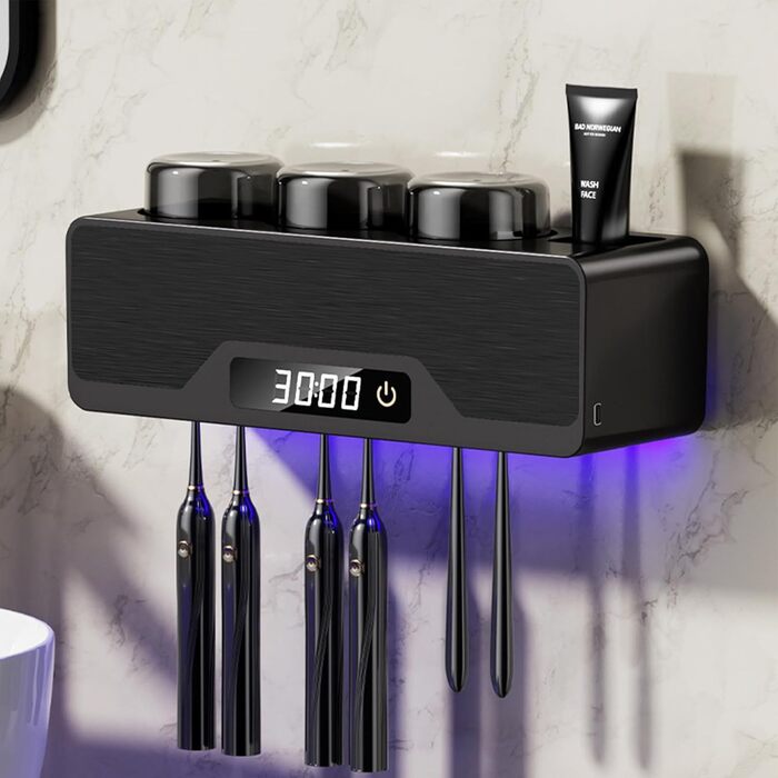Wall-Mounted Toothbrush Holder, Smart Cleaner Case with Drying and Cleaning, Toothbrush Holder with 6 Toothbrush Slots, Multifunctional Toothbrush Holder with 3 Cups for Bathroom (Black)