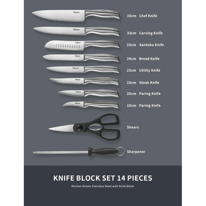 Yabano 16-Piece Professional Stainless Steel Knife Set with Wooden Block - Chef's Knife Set