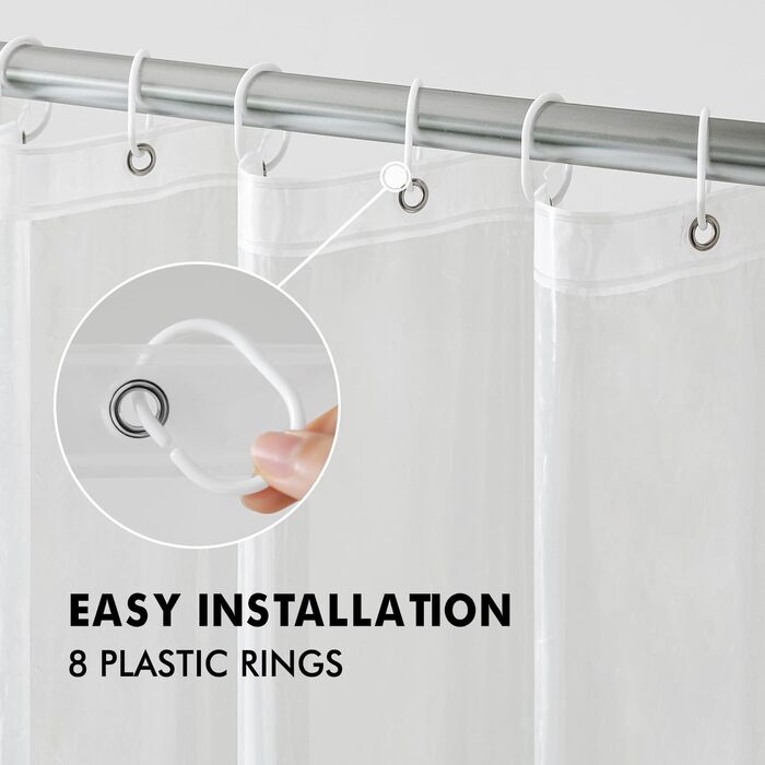Шторка для душу MIULEE 180x210 см, антигрибкова, пластикова, водовідштовхувальна, з магнітами, 12 кілець, прозора