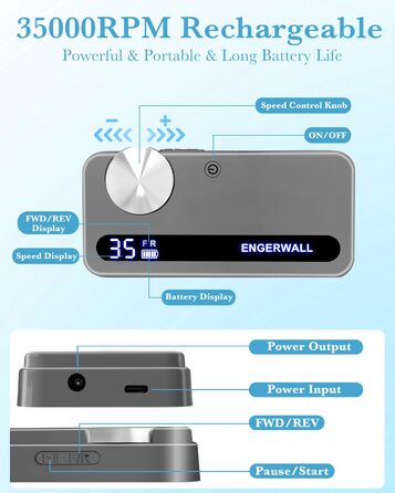 Професійний фрезер для нігтів ENGERWALL 35000 об/хв, акумуляторний, для гелю та акрилу, електричний, манікюрний набір з 7 насадок та 56 шліфувальних стрічок, темно-срібний, портативний