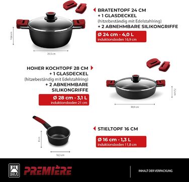 Набір посуду BRA Premiere 9 шт. з антипригарним покриттям, алюміній, знімні ручки, PFOA-free, для всіх типів плит та духовок