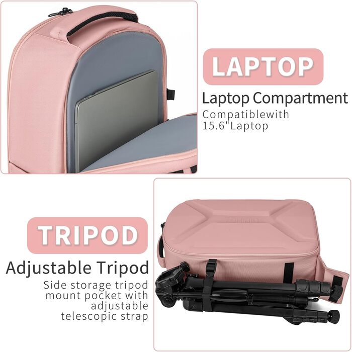 Рюкзак для фотокамери з жорстким корпусом, водонепроникний, ударостійкий, з відділенням для ноутбука 15,6 дюймів та кріпленням для штатива, сумісний з Canon/Nikon/Sony (Рожевий)