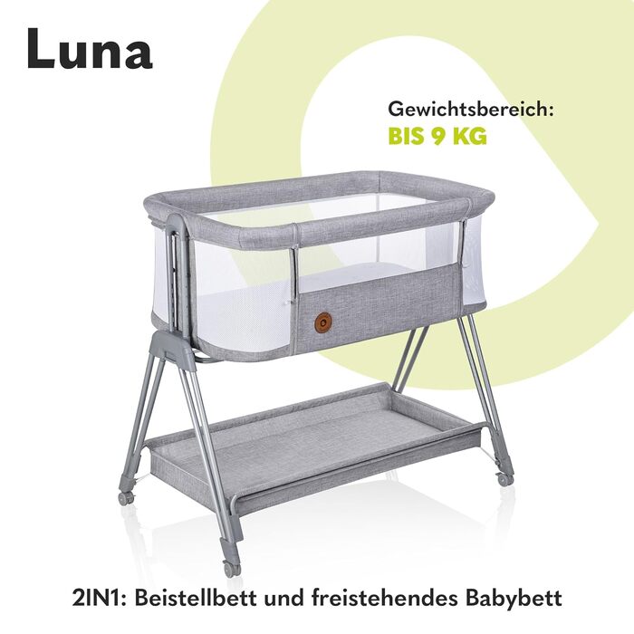 Lionelo Luna Portable Crib with Mattress, Travel Bed, from Newborn to 9 kg, Adjustable in Height and Tilt, 4 Wheels with Brakes, Attachment for Parent's Bed (Gray)
