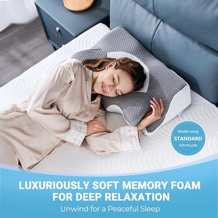 Ортопедична подушка Elviros для шиї з Memory Foam, 54x11/9x33 см, срібно-сіра. Підтримка шиї та плечей, знімний чохол, ергономічна форма.