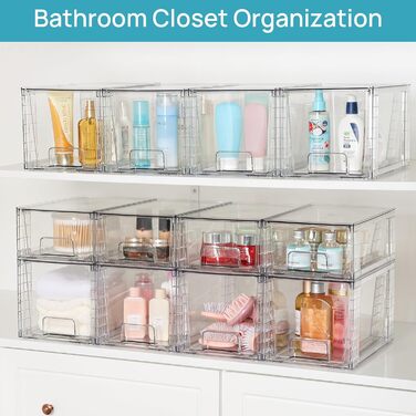 Vtopmart 4 Pack Stackable Storage Drawers, Clear Acrylic Drawer Organizers with Handles, Storage Organizer for Refrigerator, Bathroom, Closet, Pantry (4 Pack Middle)