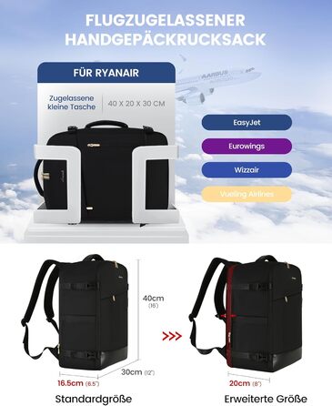 LOVEVOOK Рюкзак ручної поклажі 40L, 17.3 дюйми, великий рюкзак для подорожей для жінок та чоловіків, розширюваний дизайн, рюкзак ручної поклажі для літака, Travel Backpack як Cabin Bag для подорожей та бізнесу (40x30x20cm-24L, Чорний + Сірий + Каштанового