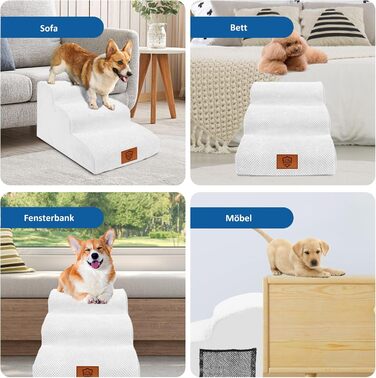 Dog stairs, dog stairs for small dogs, waterproof dog stairs 40 cm high, injury prevention, high-quality sponge cat stairs, non-slip, washable dog ramp for sofa, bed, car (3-step dog stairs, White)
