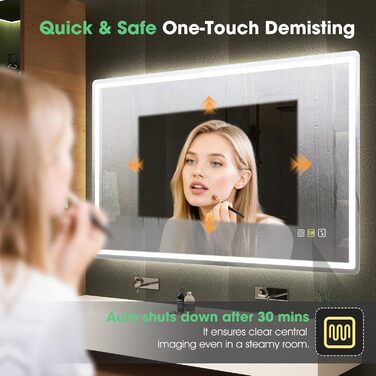 Дзеркало для ванної кімнати S'bagno з підсвічуванням 100x70 см, LED, з полицею, антизапар, 3000K/4000K/6500K, регулювання яскравості, HD-загартоване скло, IP44, горизонтальне/вертикальне встановлення (M55 Bluetooth)